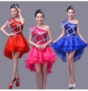 Royal blue red hot pink fuchsia sequined one shoulder girls women's modern dance stage performance jazz dance outfits costumes dresses